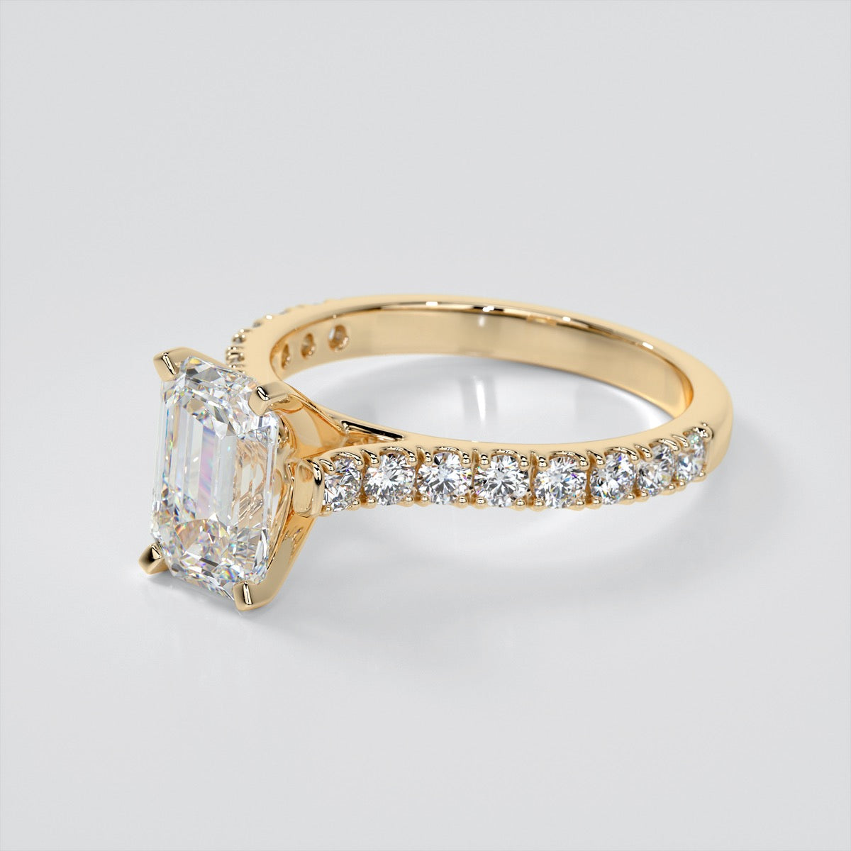 3.0Ct Lab Grown Diamond Emerald Cut Cathedral Scallop Style Engagement Ring With Accents VS1 - E Color