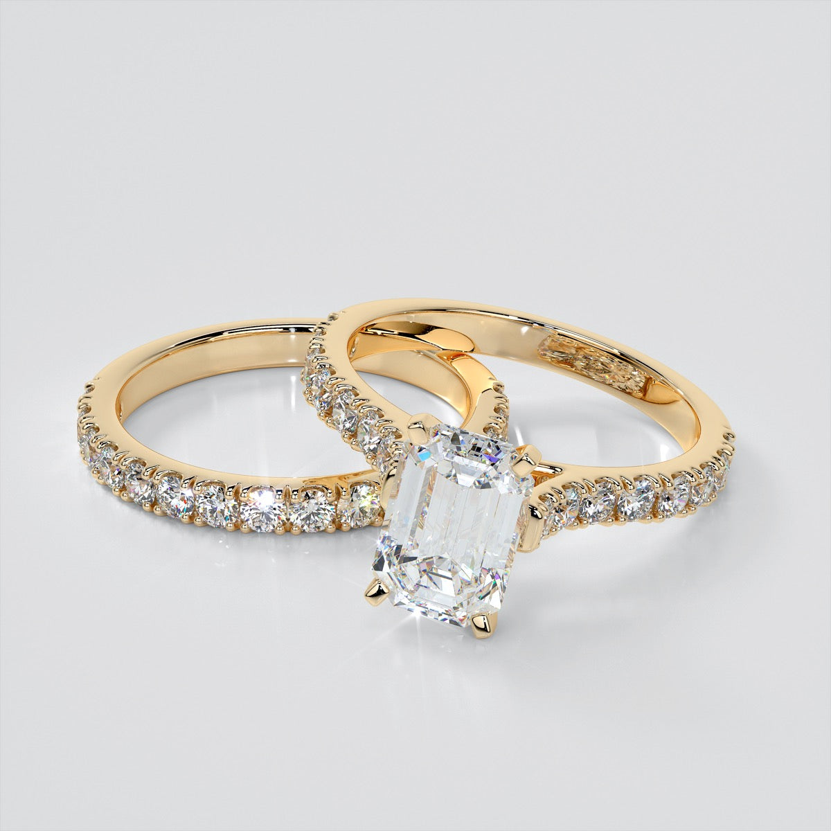 3.0Ct Lab Grown Diamond Emerald Cut Cathedral Scallop Style Engagement Ring With Accents VS1 - E Color