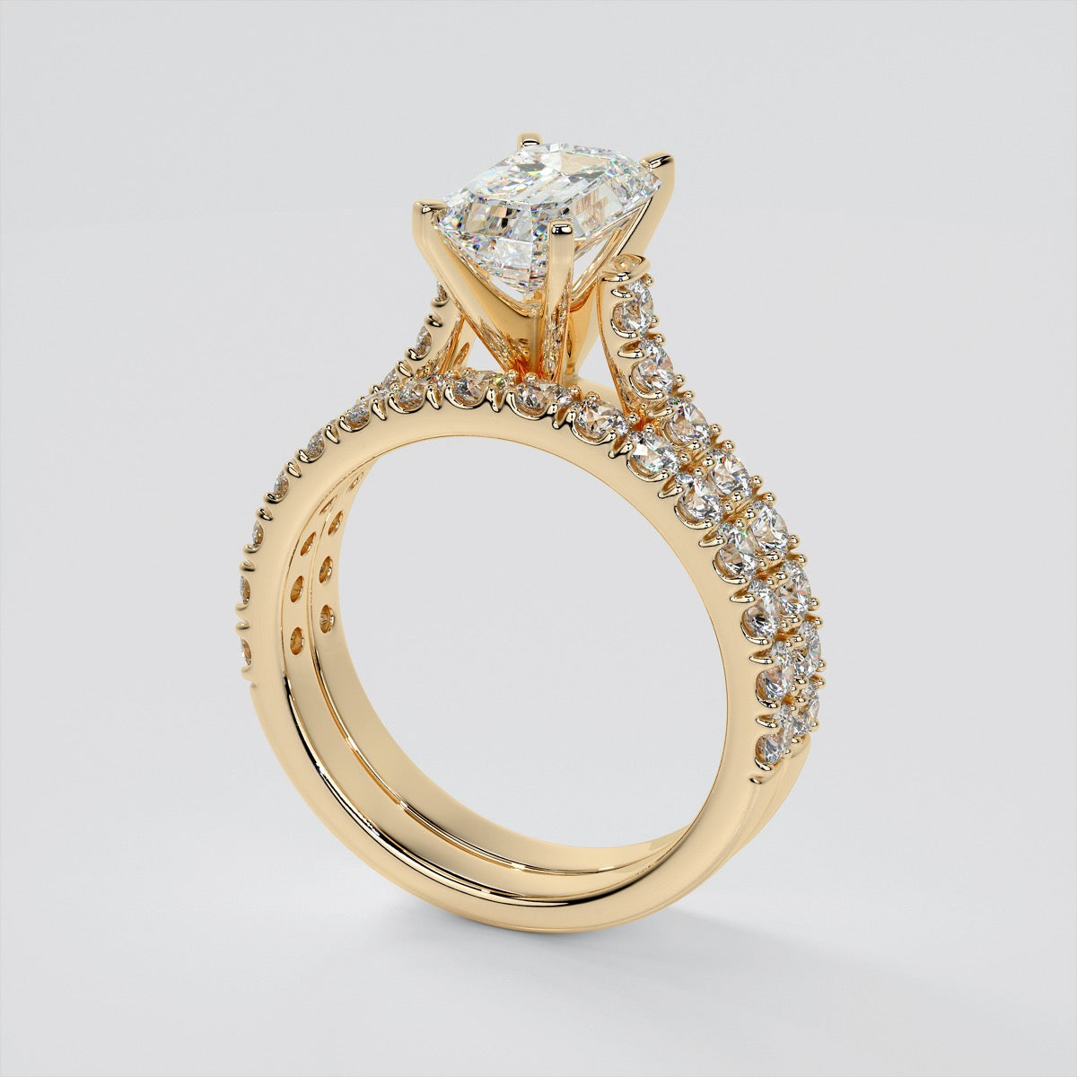 Emerald Cut Cathedral Scallop Style Engagement Ring With Accents