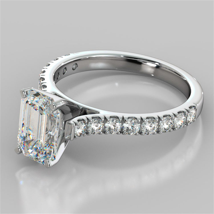 Emerald Cut Cathedral Scallop Style Engagement Ring With Accents