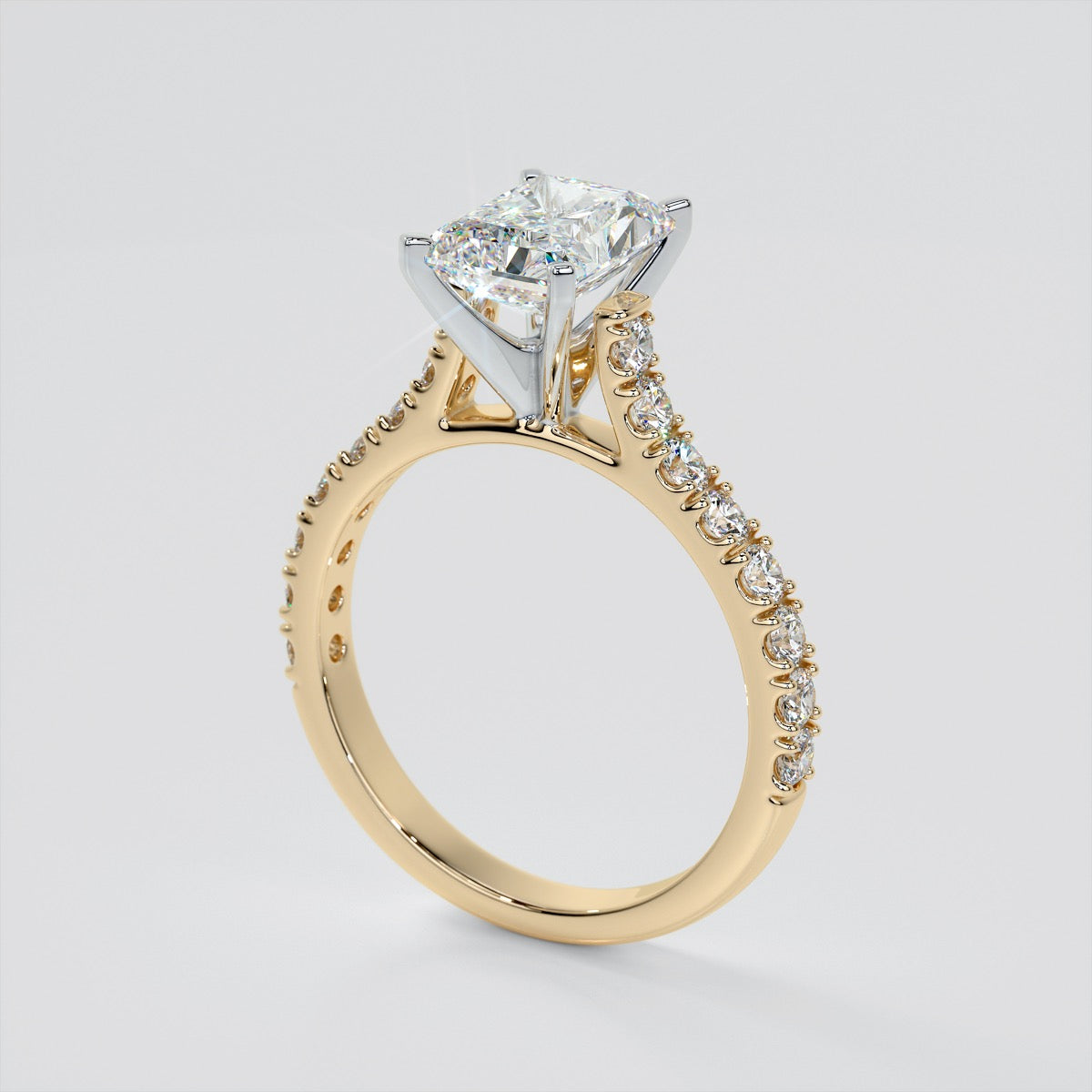 Radiant Cut Cathedral Scallop Style Engagement Ring With Accents