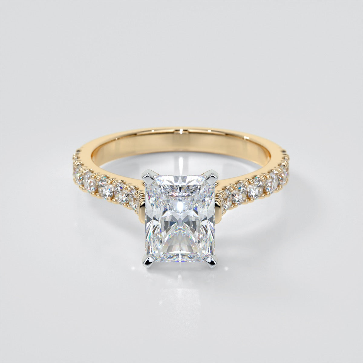 Radiant Cut Cathedral Scallop Style Engagement Ring With Accents