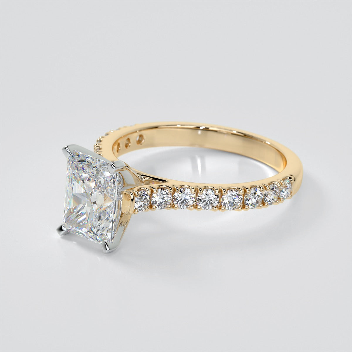 Radiant Cut Cathedral Scallop Style Engagement Ring With Accents