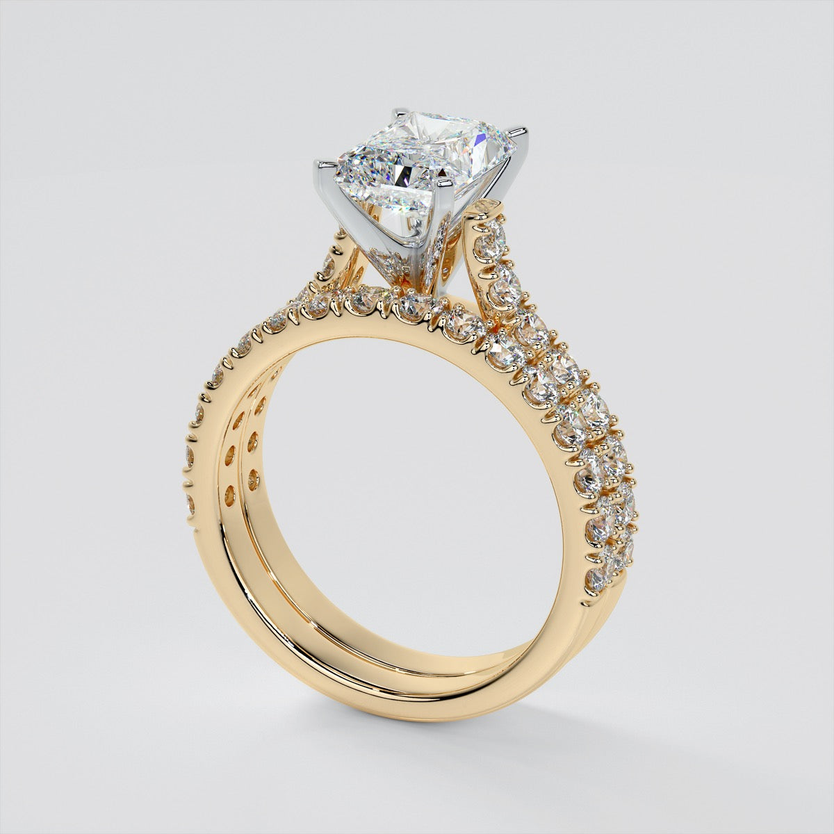 Radiant Cut Cathedral Scallop Style Engagement Ring With Accents