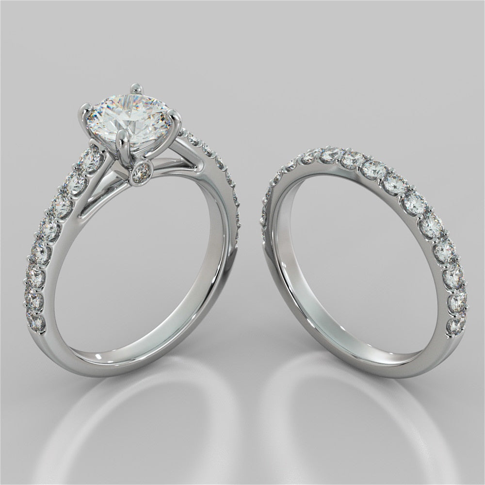 Round Cut Accented Cathedral Style Wedding Set With 2 Matching bands