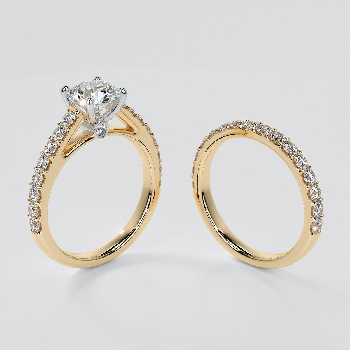 Round Cut Accented Cathedral Style Wedding Set With 2 Matching bands