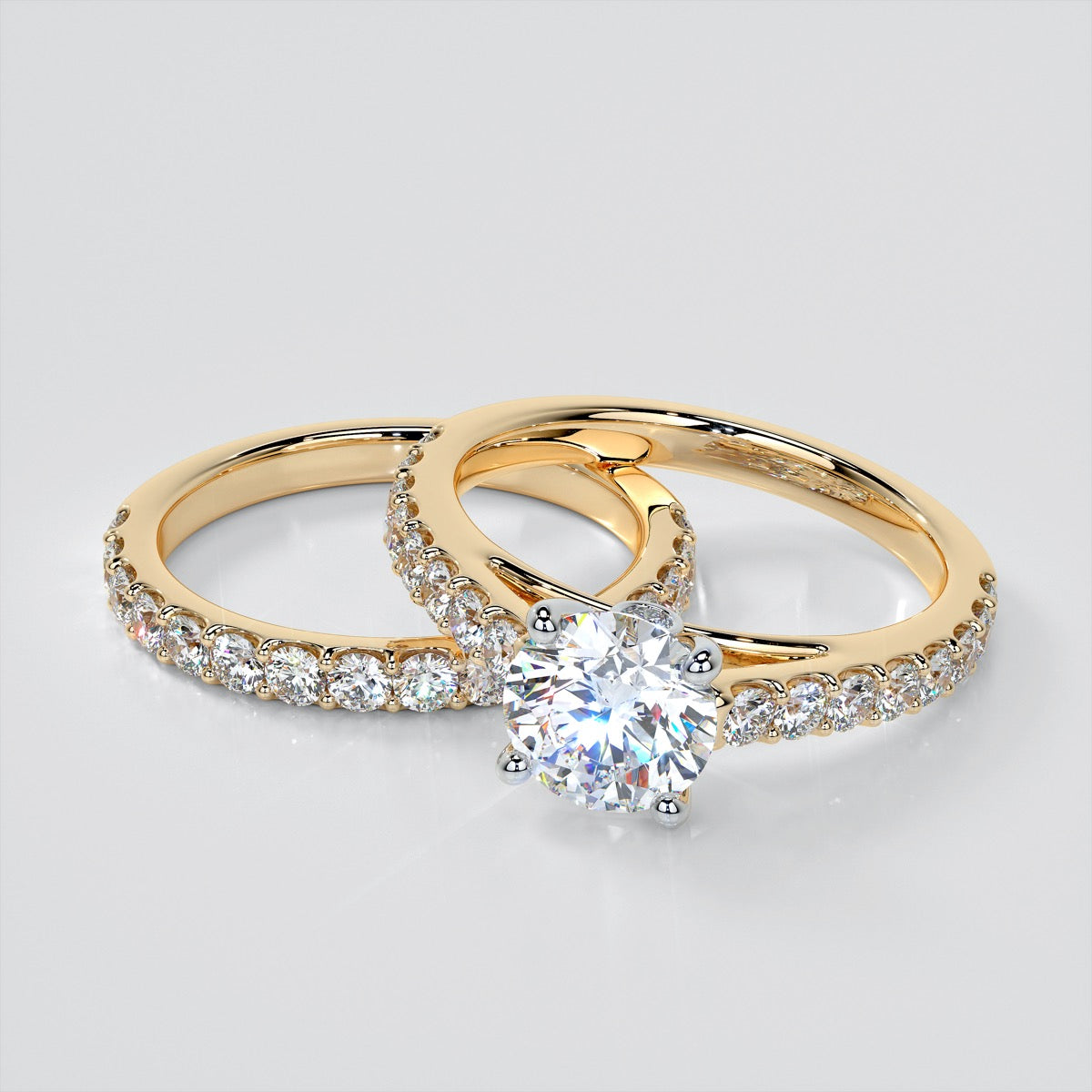 Round Cut Accented Cathedral Style Wedding Set With 2 Matching bands