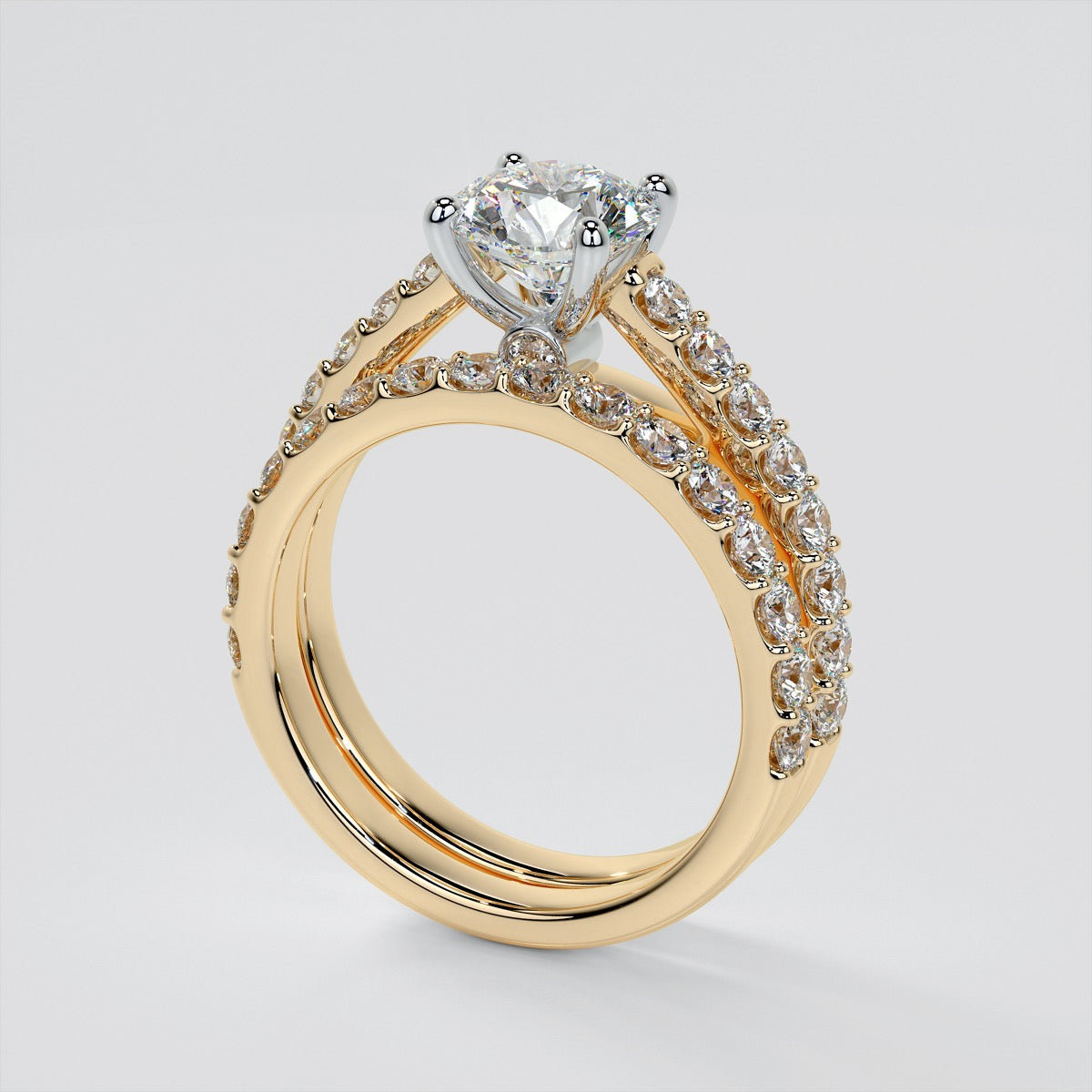 Round Cut Accented Cathedral Style Wedding Set With 2 Matching bands