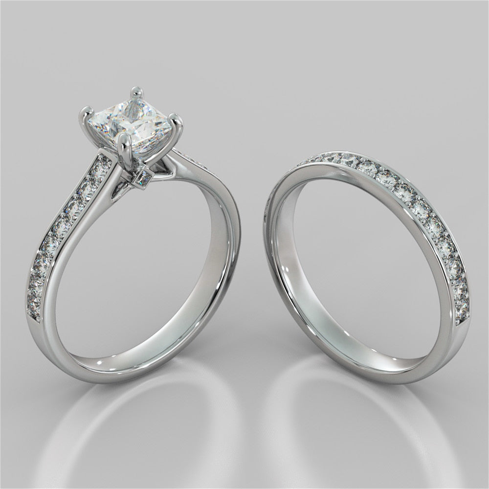 Princess Cut Accented Cathedral Wedding Set With 2 Matching Bands