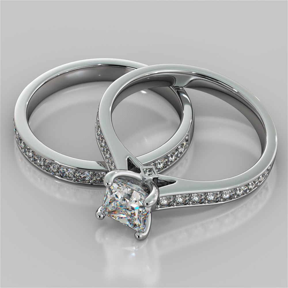 Princess Cut Accented Cathedral Wedding Set With 2 Matching Bands