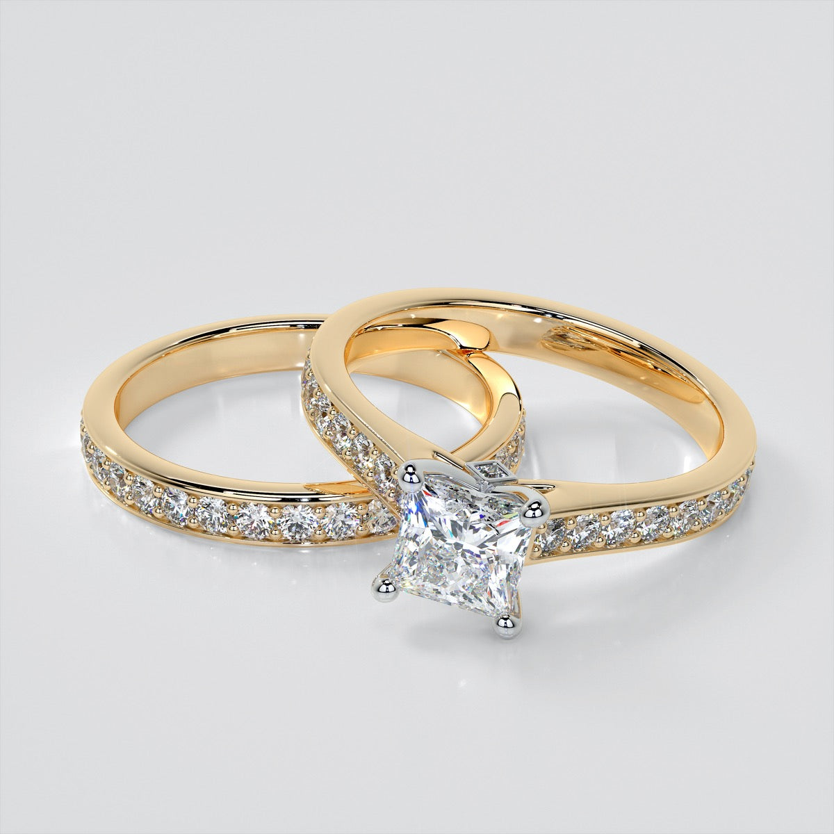 Princess Cut Accented Cathedral Wedding Set With 2 Matching Bands
