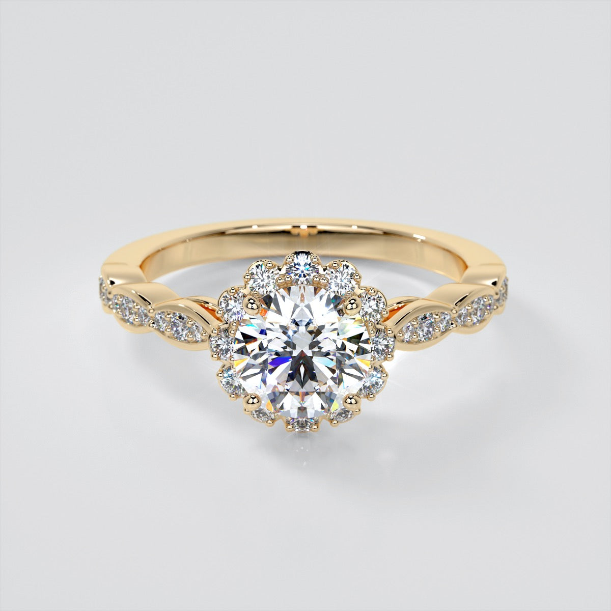 Round Cut Flower Design Wedding Set With 2 Matching Bands