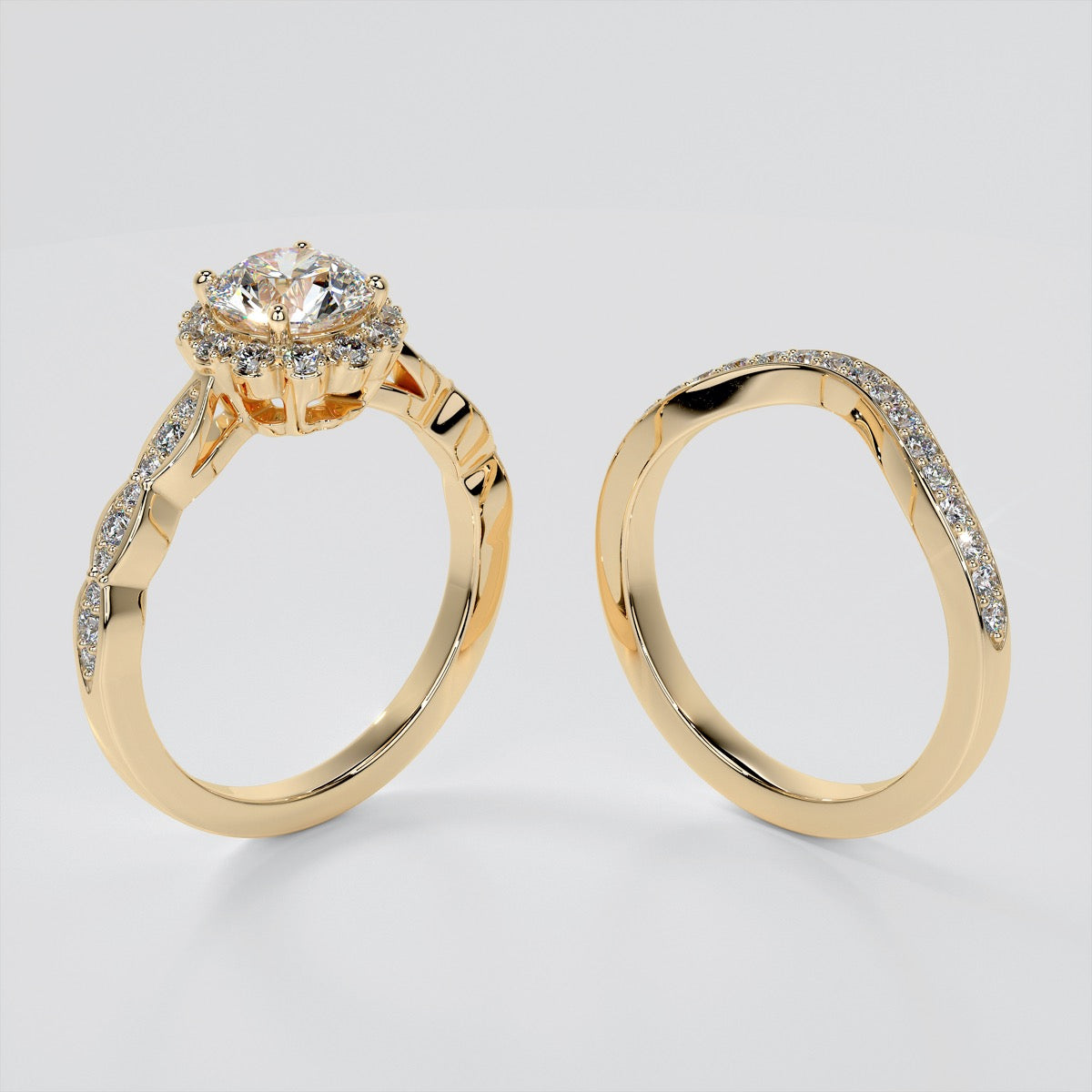 Round Cut Flower Design Wedding Set With 2 Matching Bands