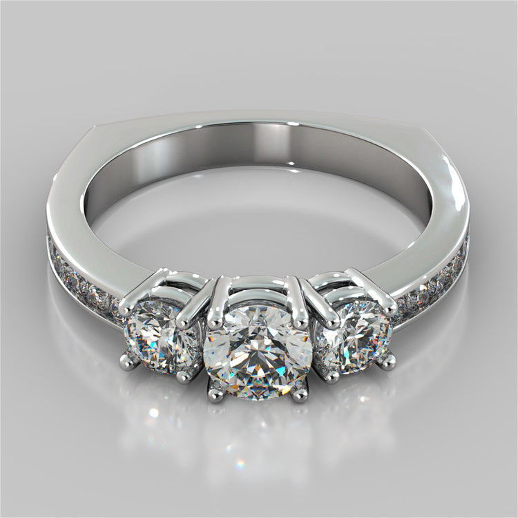 Round Cut Euro Style Three-Stone Wedding Set With 2 Matching Bands