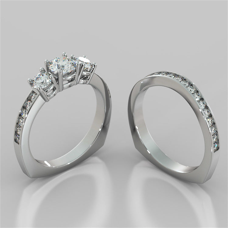 Round Cut Euro Style Three-Stone Wedding Set With 2 Matching Bands