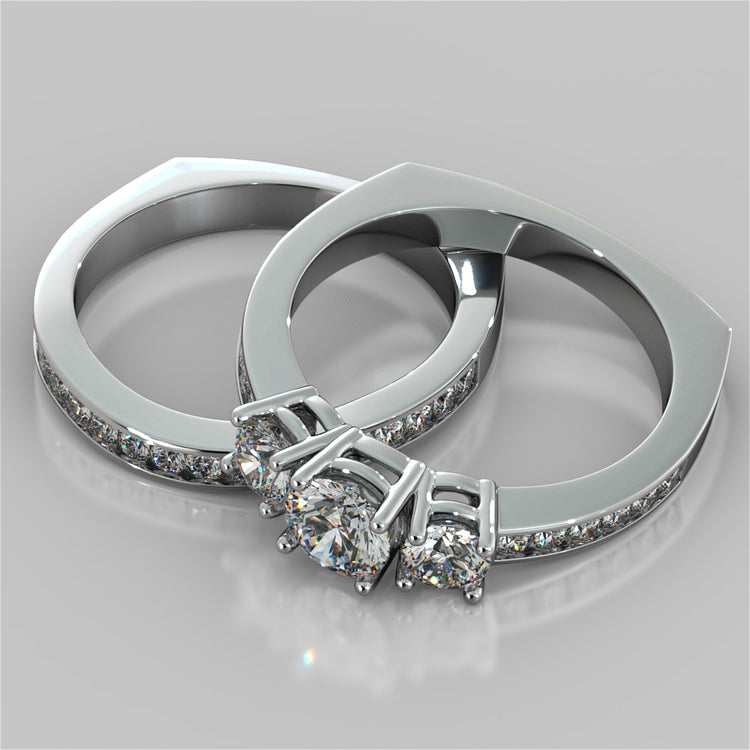 Round Cut Euro Style Three-Stone Wedding Set With 2 Matching Bands