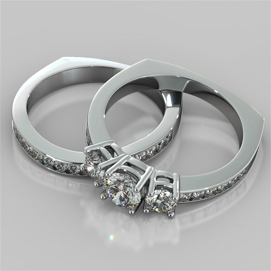 Round Cut Euro Style Three-Stone Wedding Set With Accents