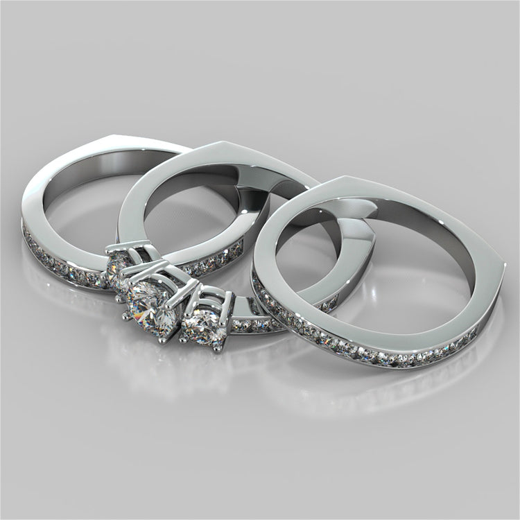 Round Cut Euro Style Three-Stone Wedding Set With Accents