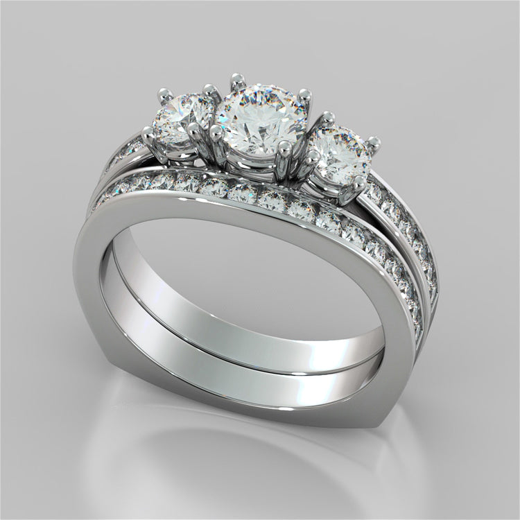 Round Cut Euro Style Three-Stone Wedding Set With 2 Matching Bands