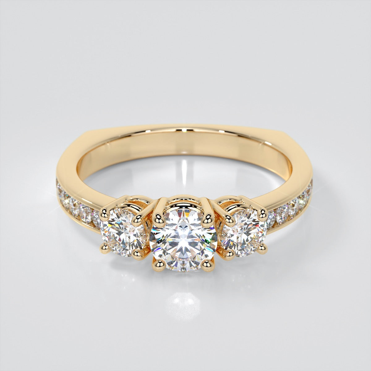 Round Cut Euro Style Three-Stone Wedding Set With 2 Matching Bands