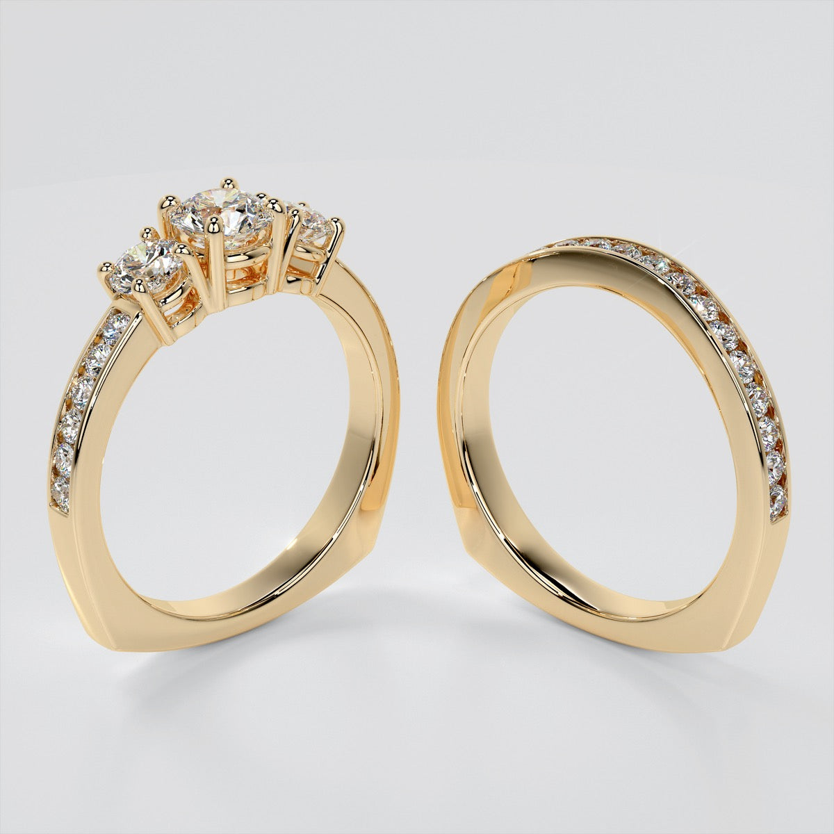 Round Cut Euro Style Three-Stone Wedding Set With 2 Matching Bands