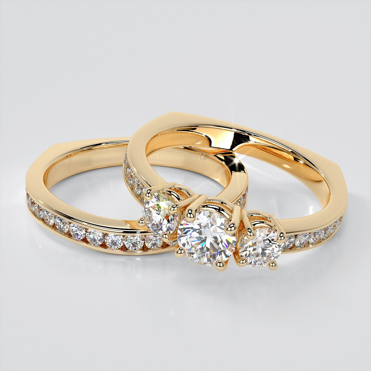 Round Cut Euro Style Three-Stone Wedding Set With 2 Matching Bands