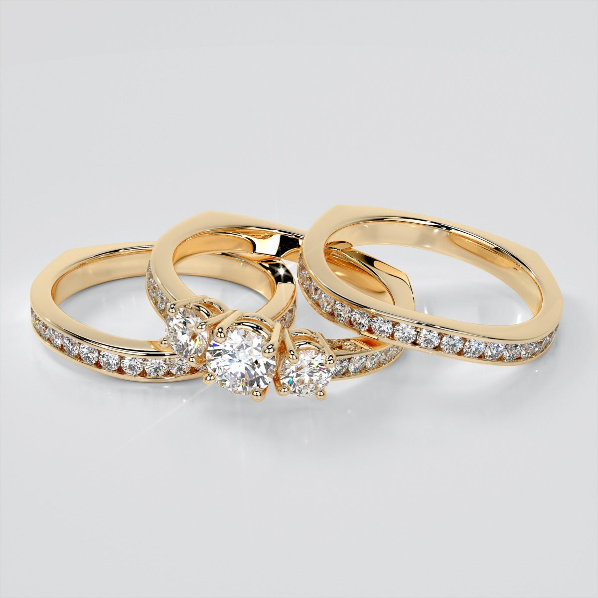 Round Cut Euro Style Three-Stone Wedding Set With 2 Matching Bands