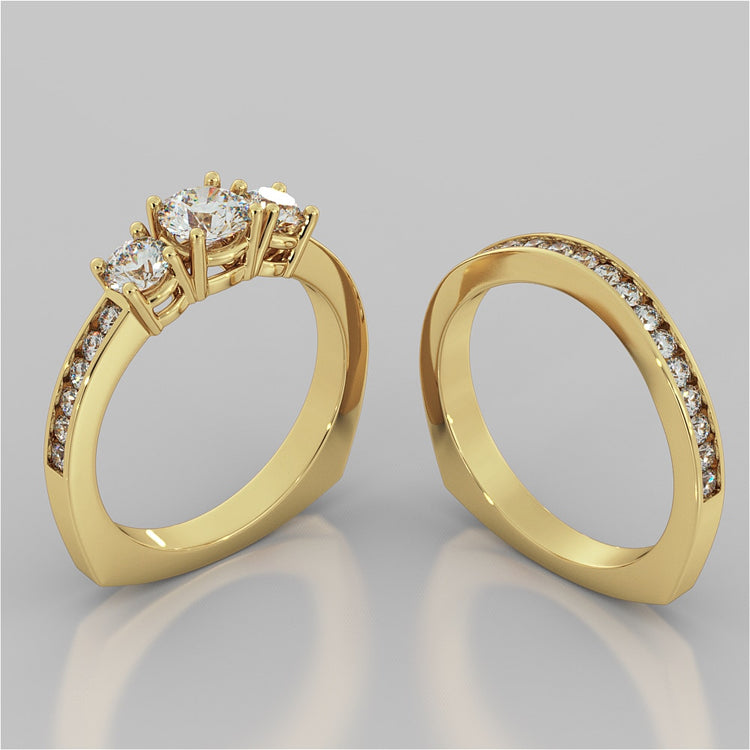 Round Cut Euro Style Three-Stone Wedding Set With 2 Matching Bands