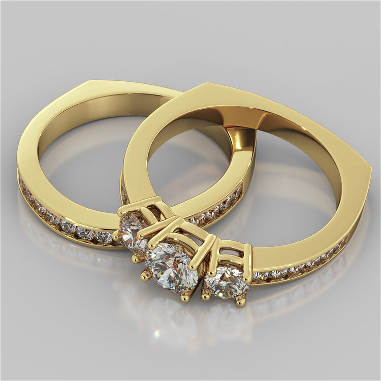 Round Cut Euro Style Three-Stone Wedding Set With 2 Matching Bands