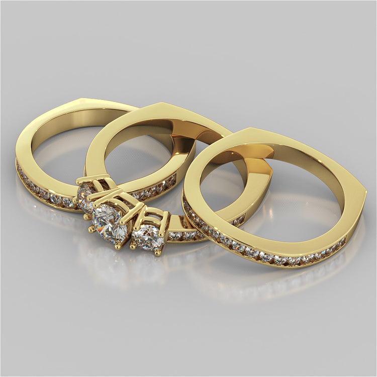 Round Cut Euro Style Three-Stone Wedding Set With 2 Matching Bands