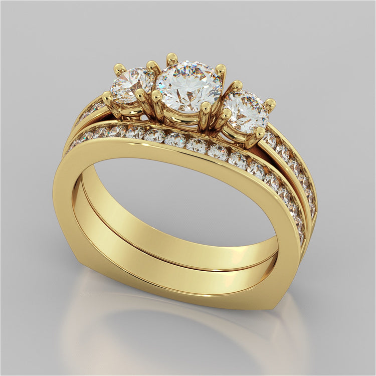 Round Cut Euro Style Three-Stone Wedding Set With 2 Matching Bands