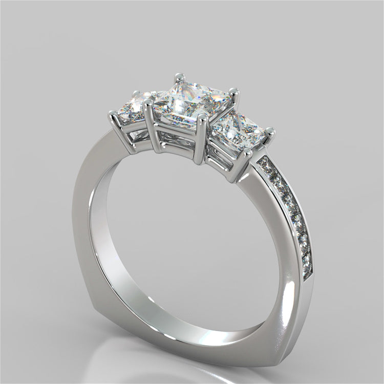 Princess Cut Euro Style Three-Stone Wedding Set With 2 Matching Bands