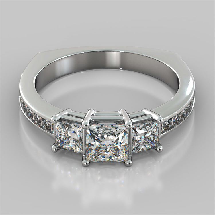 Princess Cut Euro Style Three-Stone Wedding Set With 2 Matching Bands