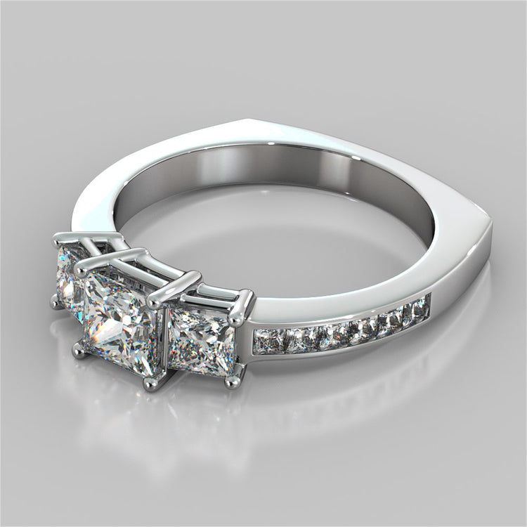 Princess Cut Euro Style Three-Stone Wedding Set With 2 Matching Bands