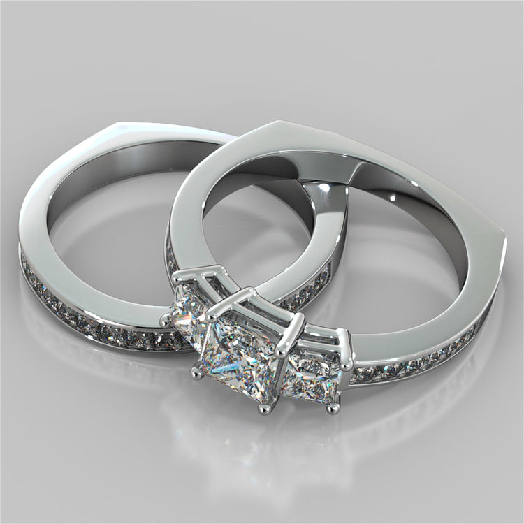 Princess Cut Euro Style Three-Stone Wedding Set With 2 Matching Bands