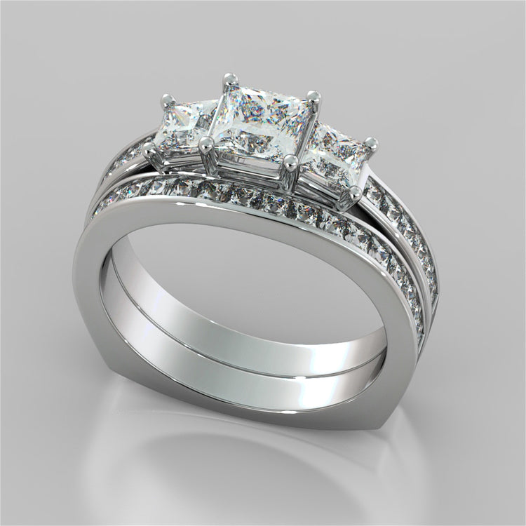 Princess Cut Euro Style Three-Stone Wedding Set With 2 Matching Bands