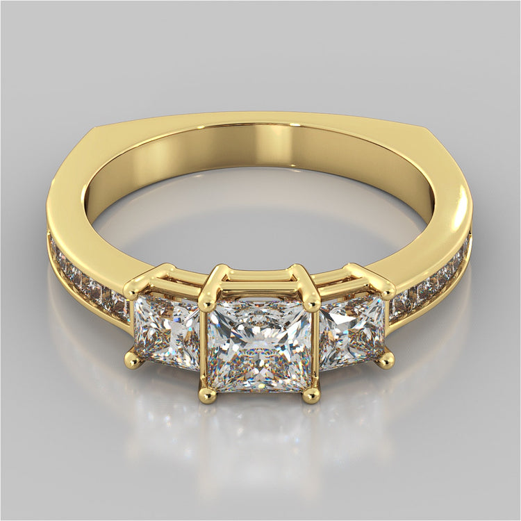 Princess Cut Euro Style Three-Stone Wedding Set With 2 Matching Bands