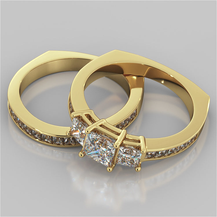 Princess Cut Euro Style Three-Stone Wedding Set With 2 Matching Bands