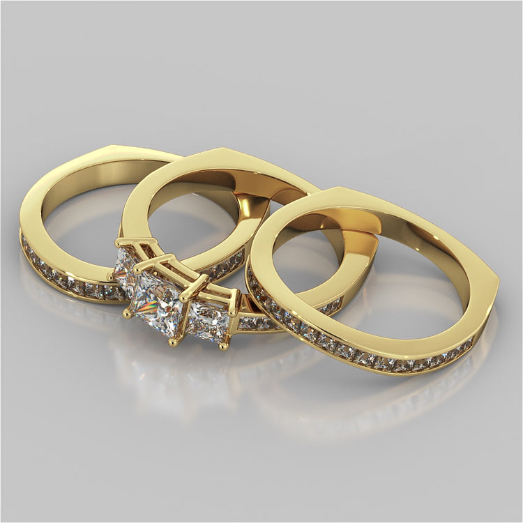 Princess Cut Euro Style Three-Stone Wedding Set With 2 Matching Bands