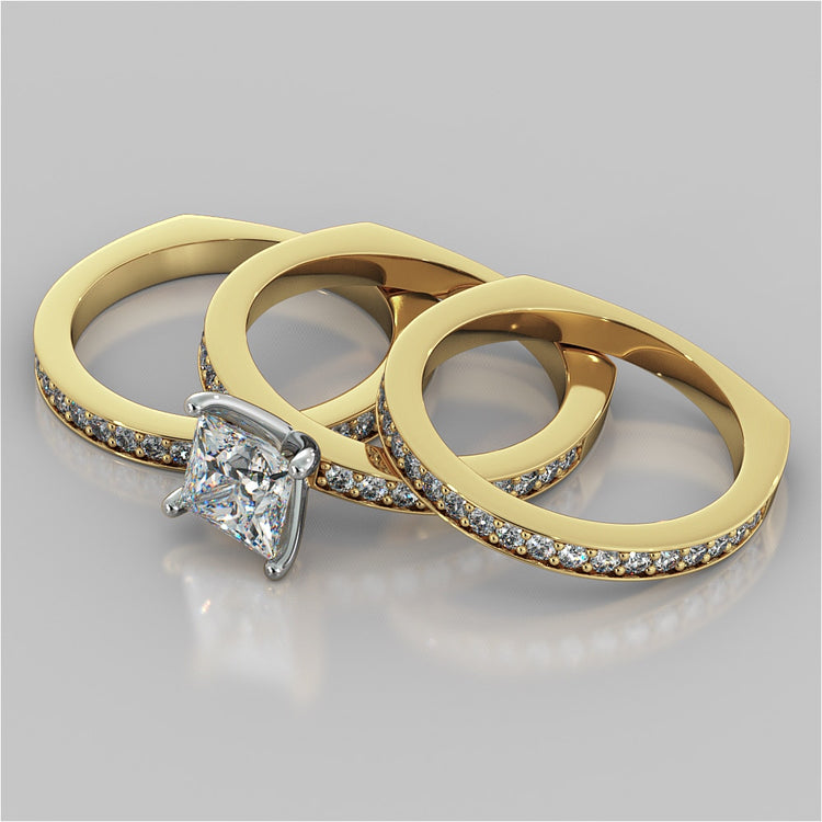 Princess Cut Euro Style Wedding Set With 2 Matching Bands