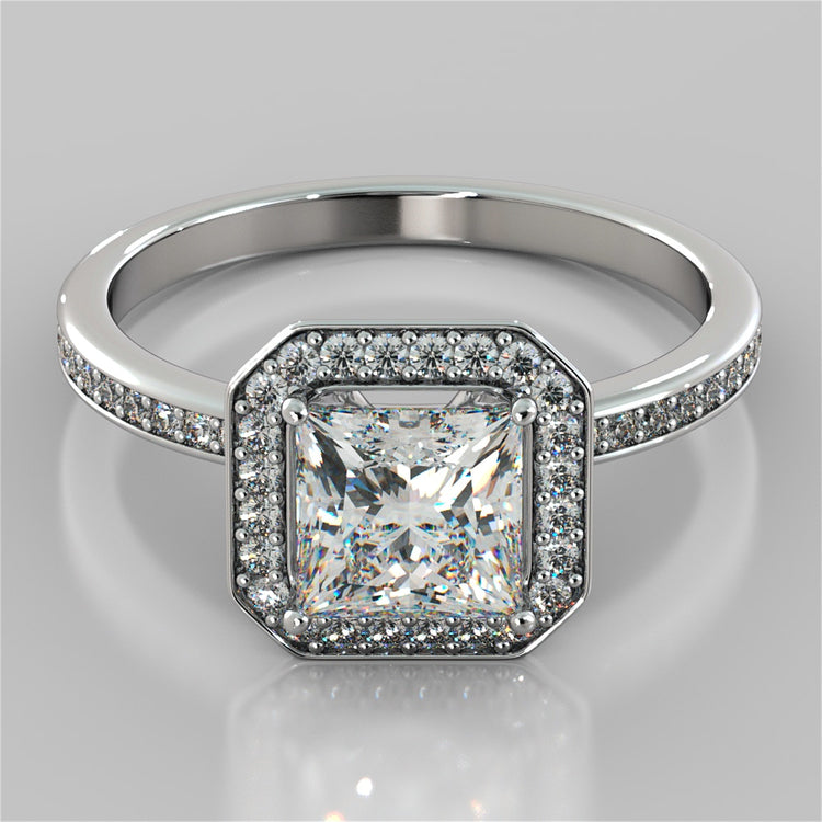 Princess Cut Pavé Style Halo Wedding Set With 2 Matching Bands