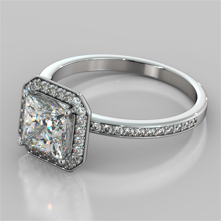 Princess Cut Pavé Style Halo Wedding Set With 2 Matching Bands