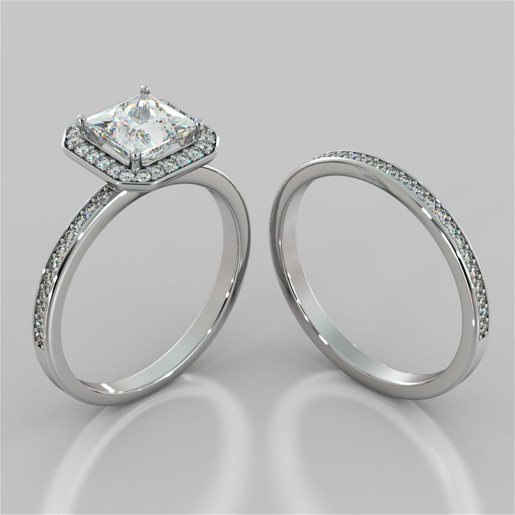 Princess Cut Pavé Style Halo Wedding Set With 2 Matching Bands