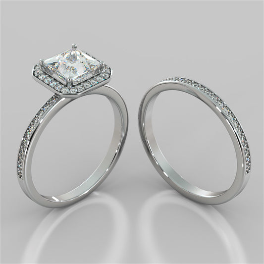 Princess Cut Pavé Style Halo Wedding Set With Accents