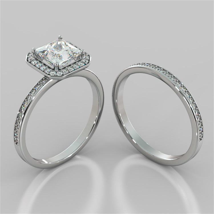 Princess Cut Pavé Style Halo Wedding Set With Accents