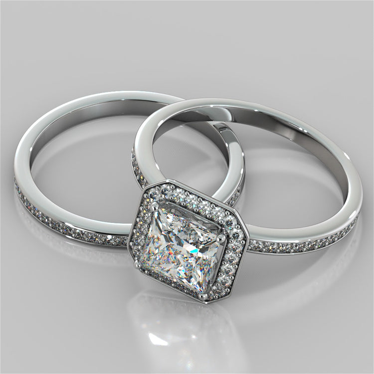 Princess Cut Pavé Style Halo Wedding Set With 2 Matching Bands