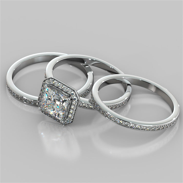 Princess Cut Pavé Style Halo Wedding Set With Accents