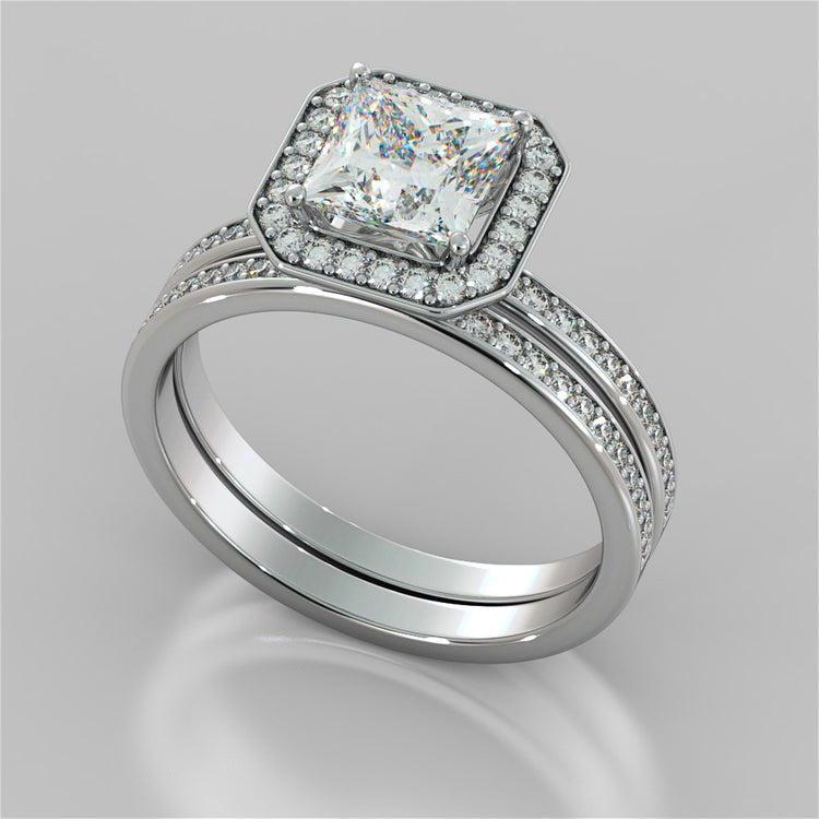 Princess Cut Pavé Style Halo Wedding Set With Accents