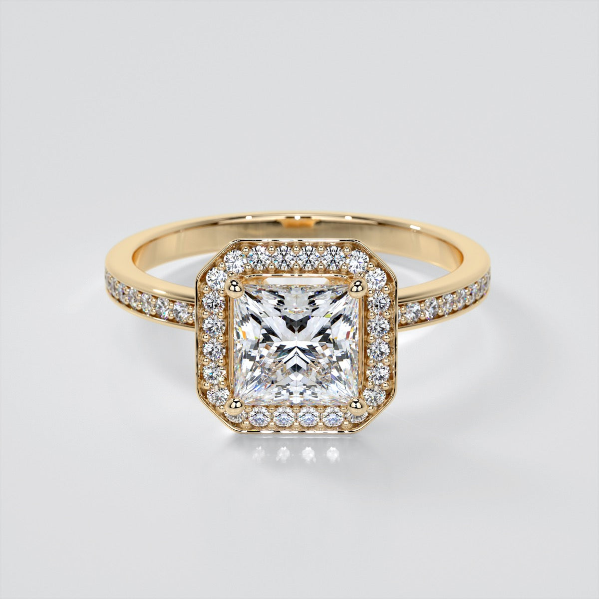 Princess Cut Pavé Style Halo Wedding Set With 2 Matching Bands