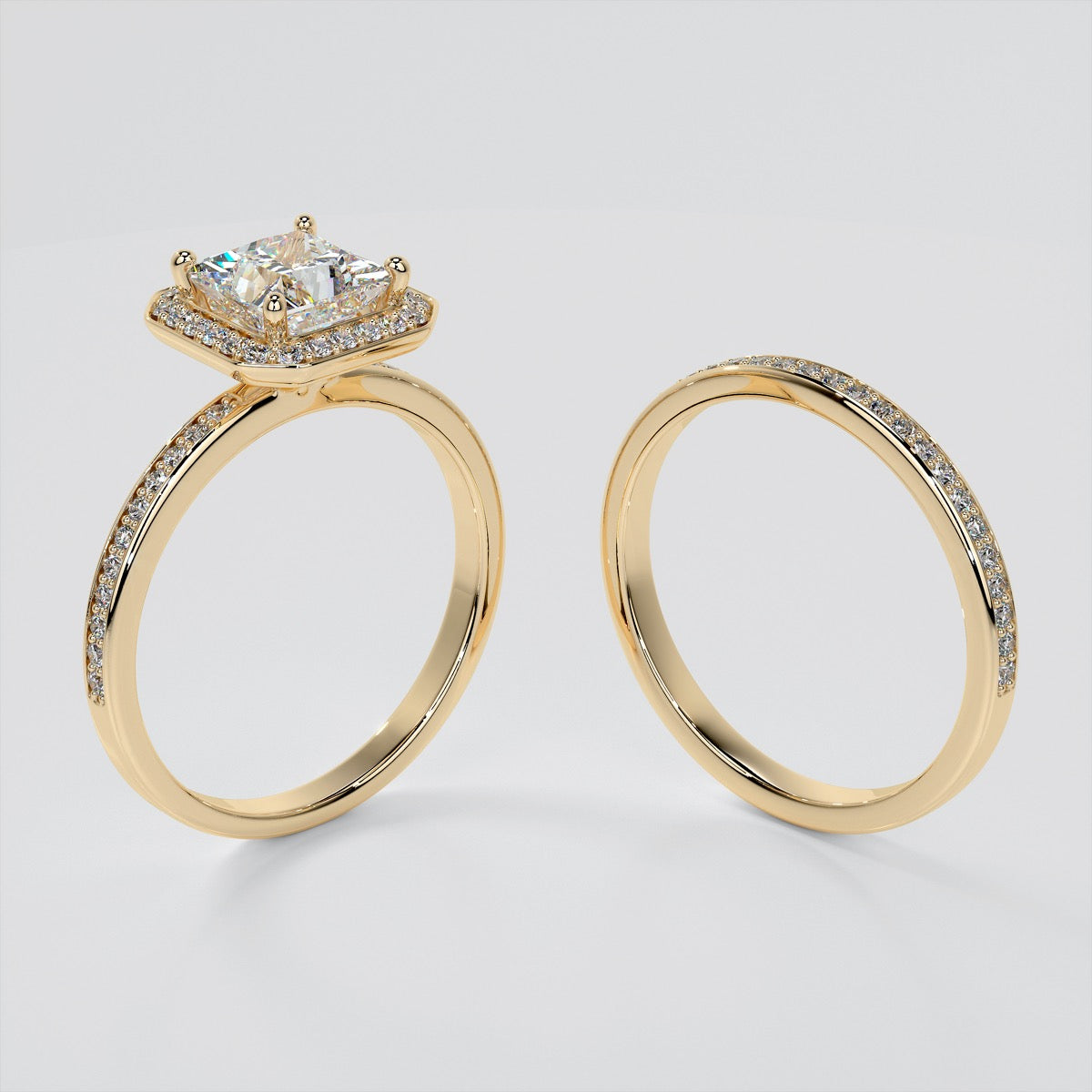 Princess Cut Pavé Style Halo Wedding Set With 2 Matching Bands